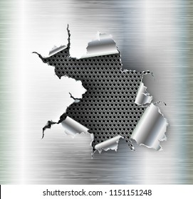 ragged Hole torn in ripped steel on metal background