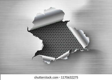 ragged Hole torn in ripped steel on metal background