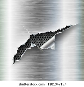ragged Hole torn in ripped steel on metal background