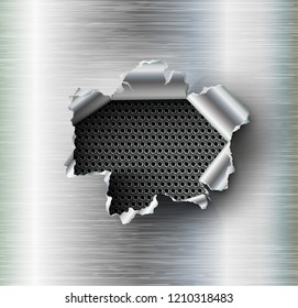 ragged Hole torn in ripped steel on metal background