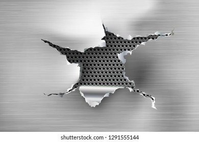 ragged Hole torn in ripped steel on metal background