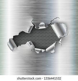 ragged Hole torn in ripped steel on metal background