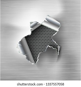 ragged Hole torn in ripped steel on metal background