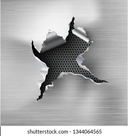 ragged Hole torn in ripped steel on metal background