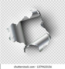 ragged Hole torn in ripped steel metal on transparent background