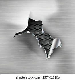 ragged Hole torn in ripped steel on metal background