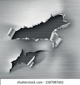 ragged Hole torn in ripped steel on metal background