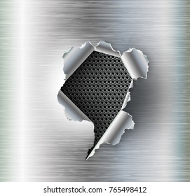 ragged Hole torn in ripped steel on metal background