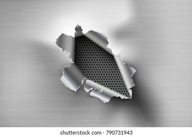 ragged Hole torn in ripped steel on metal background