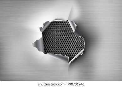 ragged Hole torn in ripped steel on metal background