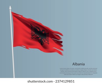 Ragged national flag of Albania. Wavy torn fabric on blue background. Realistic vector illustration