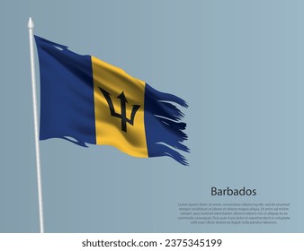 Ragged national flag of Barbados. Wavy torn fabric on blue background. Realistic vector illustration