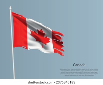 Ragged national flag of Canada. Wavy torn fabric on blue background. Realistic vector illustration