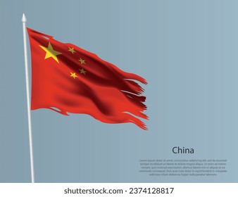 Ragged national flag of China. Wavy torn fabric on blue background. Realistic vector illustration svg