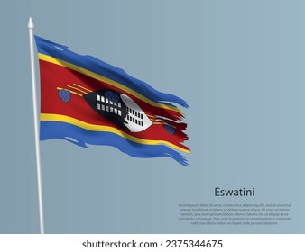 Ragged national flag of Eswatini. Wavy torn fabric on blue background. Realistic vector illustration