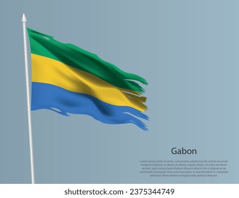 Ragged national flag of Gabon. Wavy torn fabric on blue background. Realistic vector illustration