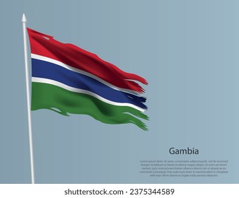 Ragged national flag of Gambia. Wavy torn fabric on blue background. Realistic vector illustration