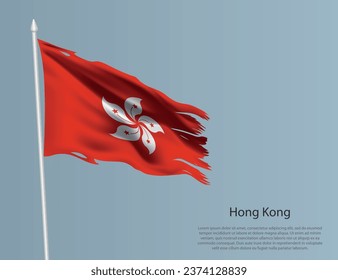 Ragged national flag of Hong Kong. Wavy torn fabric on blue background. Realistic vector illustration