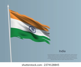 Ragged national flag of India. Wavy torn fabric on blue background. Realistic vector illustration