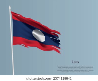 Ragged national flag of Laos. Wavy torn fabric on blue background. Realistic vector illustration