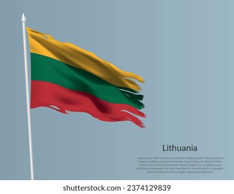 Ragged national flag of Lithuania. Wavy torn fabric on blue background. Realistic vector illustration