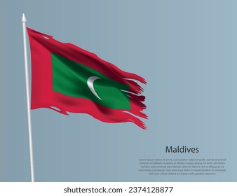 Ragged national flag of Maldives. Wavy torn fabric on blue background. Realistic vector illustration