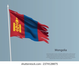 Ragged national flag of Mongolia. Wavy torn fabric on blue background. Realistic vector illustration