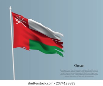 Ragged national flag of Oman. Wavy torn fabric on blue background. Realistic vector illustration