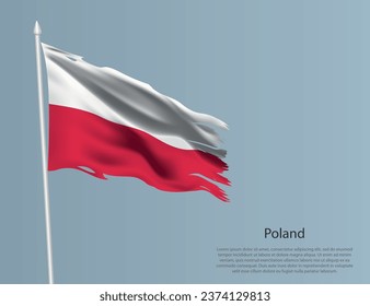 Ragged national flag of Poland. Wavy torn fabric on blue background. Realistic vector illustration