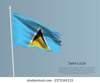 Ragged national flag of Saint Lucia. Wavy torn fabric on blue background. Realistic vector illustration