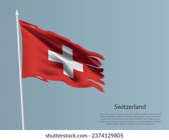 Ragged national flag of Switzerland. Wavy torn fabric on blue background. Realistic vector illustration