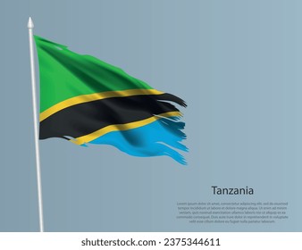 Ragged national flag of Tanzania. Wavy torn fabric on blue background. Realistic vector illustration