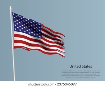 Ragged national flag of United States. Wavy torn fabric on blue background. Realistic vector illustration