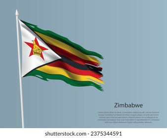 Ragged national flag of Zimbabwe. Wavy torn fabric on blue background. Realistic vector illustration