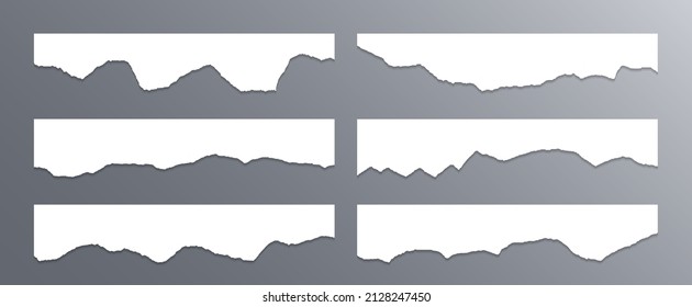 Ragged paper edge borders vector collection. White shred fragments set. Cardboard or paper ripped edge stripes with shadows. Isolated teared page strip pieces. Blank text note fragments.