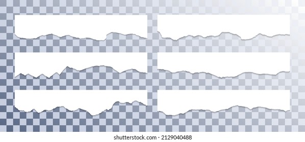 Ragged paper edge borders vector collection. White tattered fragments set. Cardboard or paper torn edge stripes with shadows. Rrough teared page strip elements. Blank divider fragments.