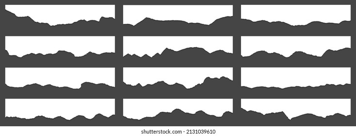 Ragged paper edge borders vector collection. White shred fragments set. Cardboard or paper ragged edge stripes with shadows. Rrough teared sheet strip elements. Empty text note fragments.