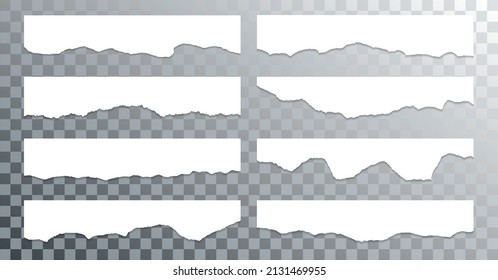 Ragged paper edge borders vector collection. White tattered fragments set. Cardboard or paper ragged edges with shadows 3D design. Rrough teared page strip pieces. Empty memo message fragments.