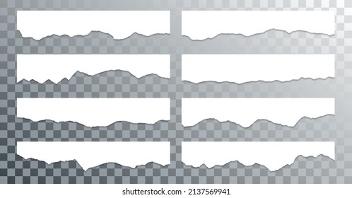 Ragged paper edge borders vector collection. White shred fragments set. Cardboard or paper ripped edge stripes with shadows. Rrough teared sheet strip elements. Blank divider fragments.