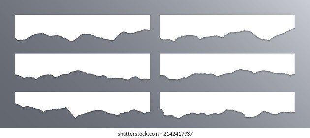 Colección vectorial de bordes de papel con bordes de papel ragados. Fragmentos blancos destrozados. Tiras de borde rotas de cartón o papel con sombras. Piezas aisladas de tiras de página con lágrimas. Fragmentos de notas de texto vacíos.