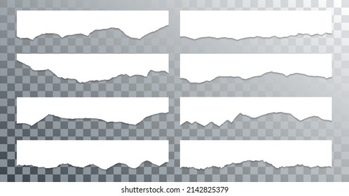Colección vectorial de bordes de papel con bordes de papel ragados. Fragmentos blancos destrozados. Tiras de borde de cartón o papel con sombras. Grunge las tiras de página con lágrimas. Fragmentos de divisor en blanco.
