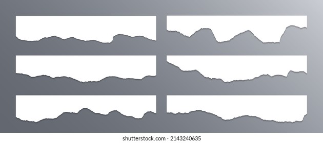 Ragged paper edge borders vector collection. White tattered fragments set. Cardboard or paper ripped edge stripes with shadows. Rrough teared sheet strip elements. Blank divider fragments.