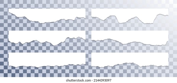 Ragged paper edge borders vector collection. White shred fragments set. Cardboard or paper torn edge stripes with shadows. Grunge teared page strip pieces. Empty text note fragments.