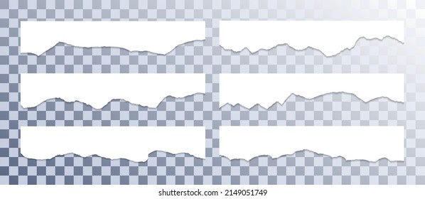Ragged paper edge borders vector collection. White tattered fragments set. Cardboard or paper ragged edges with shadows 3D design. Rrough teared sheet strip pieces. Empty text note fragments.