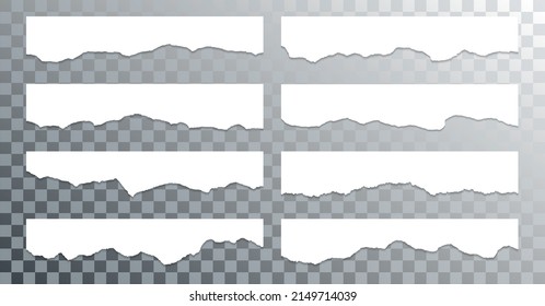 Ragged paper edge borders vector collection. White shred fragments set. Cardboard or paper ripped edges with shadows 3D design. Rrough teared sheet strip elements. Empty text note fragments.