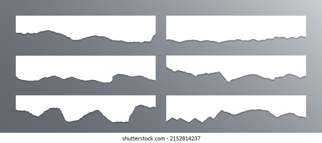 Ragged paper edge borders vector collection. White tattered fragments set. Cardboard or paper torn edges with shadows 3D design. Rrough teared page strip pieces. Empty memo message fragments.