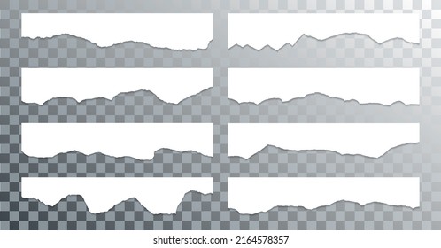 Ragged paper edge borders vector collection. White tattered fragments set. Cardboard or paper ragged edges with shadows 3D design. Grunge teared page strip pieces. Blank divider fragments.