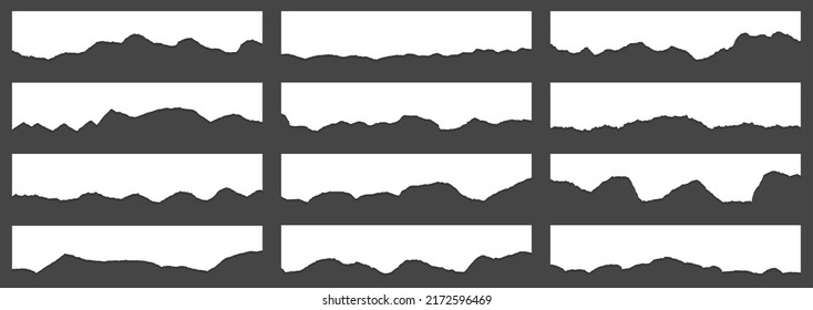 Ragged paper edge borders vector collection. White tattered fragments set. Cardboard or paper torn edge stripes with shadows. Grunge teared page strip pieces. Empty text note fragments.