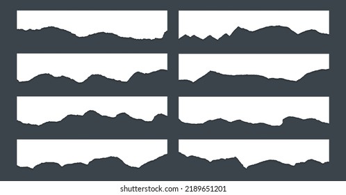 Ragged paper edge borders vector collection. White tattered fragments set. Cardboard or paper torn edges with shadows 3D design. Rrough teared page strip pieces. Blank text note fragments.