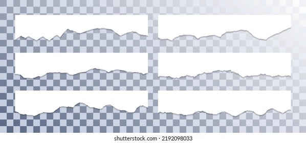 Ragged paper edge borders vector collection. White tattered fragments set. Cardboard or paper ripped edge stripes with shadows. Isolated teared page strip pieces. Blank divider fragments.